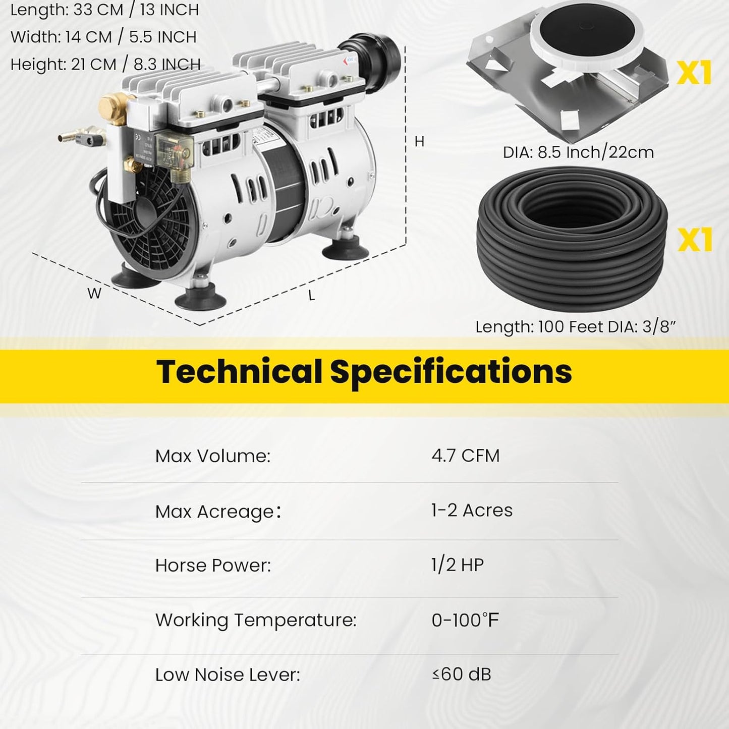 Pond Aerator, 4.7 CFM for Pond and Lakes About 1-2 Acres, 1/2 HP Compressor + 100 Feet Air Hose + 1 Diffuser + Timer, Aeration Pumps Kit for Deep Water Oxygen Circulation