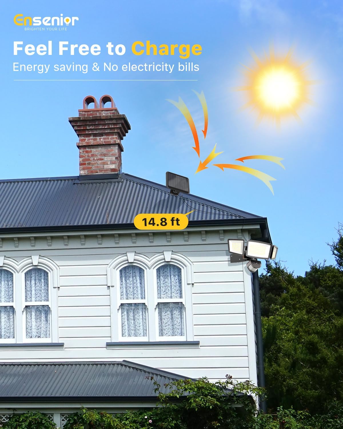 Ensenior 5 Motion Sensor Modes Solar Security Light, 1800LM 270° Wide Angle 3 Heads LED Flood Lights, IP65 Waterproof Wall Lights, Separate Solar Panel Remote Control Solar Lights Outdoor