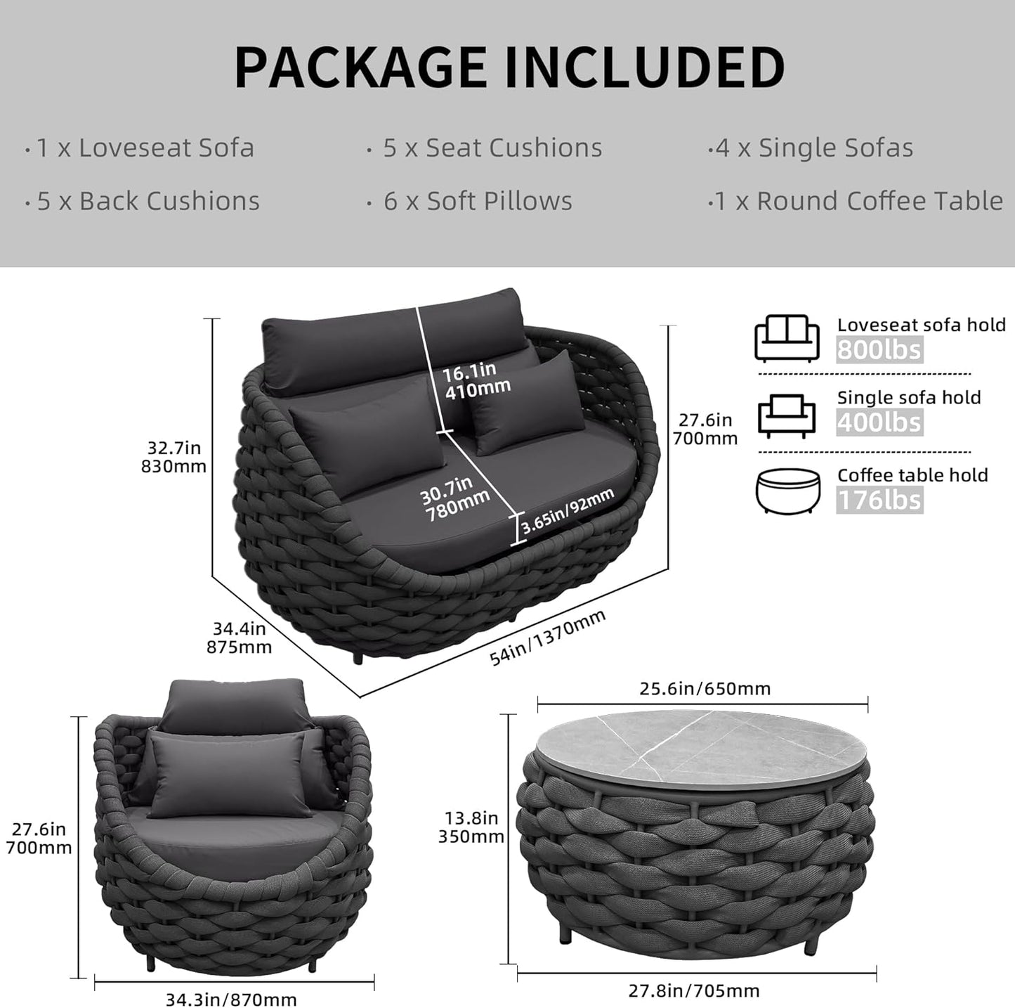 6 Pieces Patio Furniture Set Outdoor Rope Conversation Sectional Patio Sofa with 6 Seater for Backyard, Porch, Modern Armchairs with Thickness Cushions and Side Table, Dark Grey