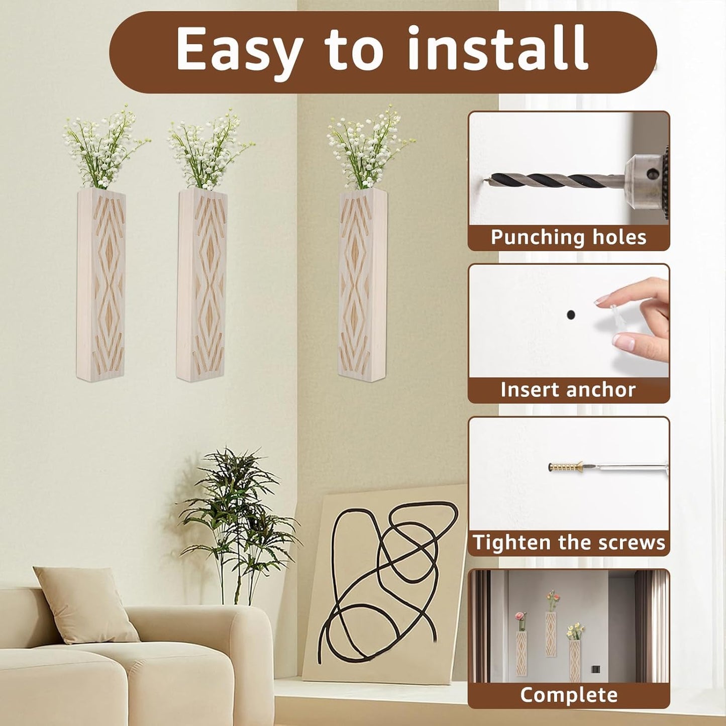 3PCS Wood Wall Planter for Indoor Plants, Wall Planter Vase, Stylish Wood Hanging Vase, Decorative Wood Wall Pocket Vase, Rectangular Hanging Planter for Living Room Bedroom Office(Beige)