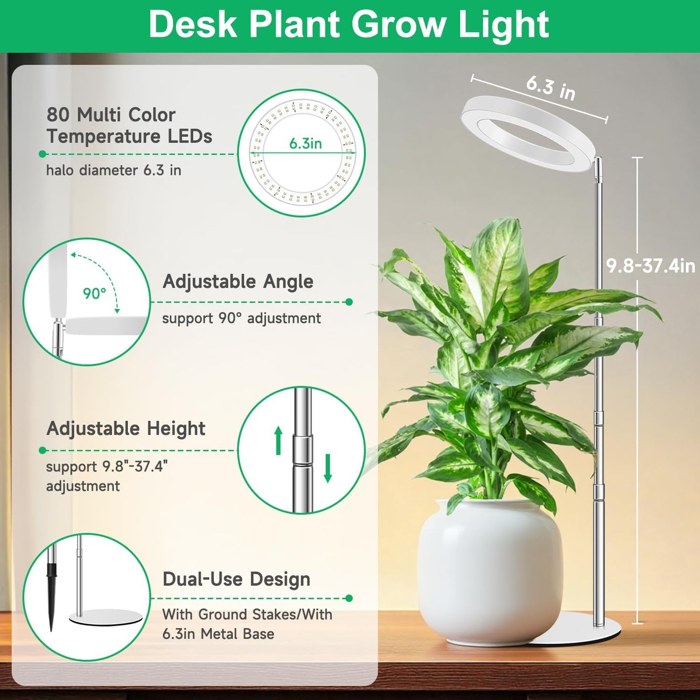 Grow Lights for Indoor Plants, Full Spectrum Plant Lights for Indoor Growing, 9.8"-37.4" Height Adjustable Desk Grow Lamp with Auto Timer 6/12/16Hrs, 3 Optional Spectrums, 5 Brightness,2 Pack
