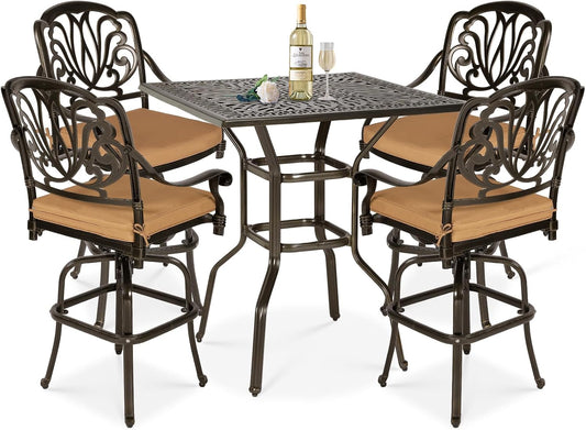 5 Pieces Patio Swivel Bar Set, Patio Bar Table and Chairs Set, All-Weather Cast Aluminum Outdoor Swivel Bar Stools of 4 and 35.4" Square Bar Table, High Top Bistro Set for Deck, Pool, Garden