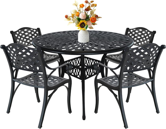 5 Piece Cast Aluminum Outdoor Dining Set, Outdoor Table and Chairs Set of 4, Patio Dining Set with 4 Chairs and 42" Round Table, Patio Conversation Set with 1.97" Umbrella Hole