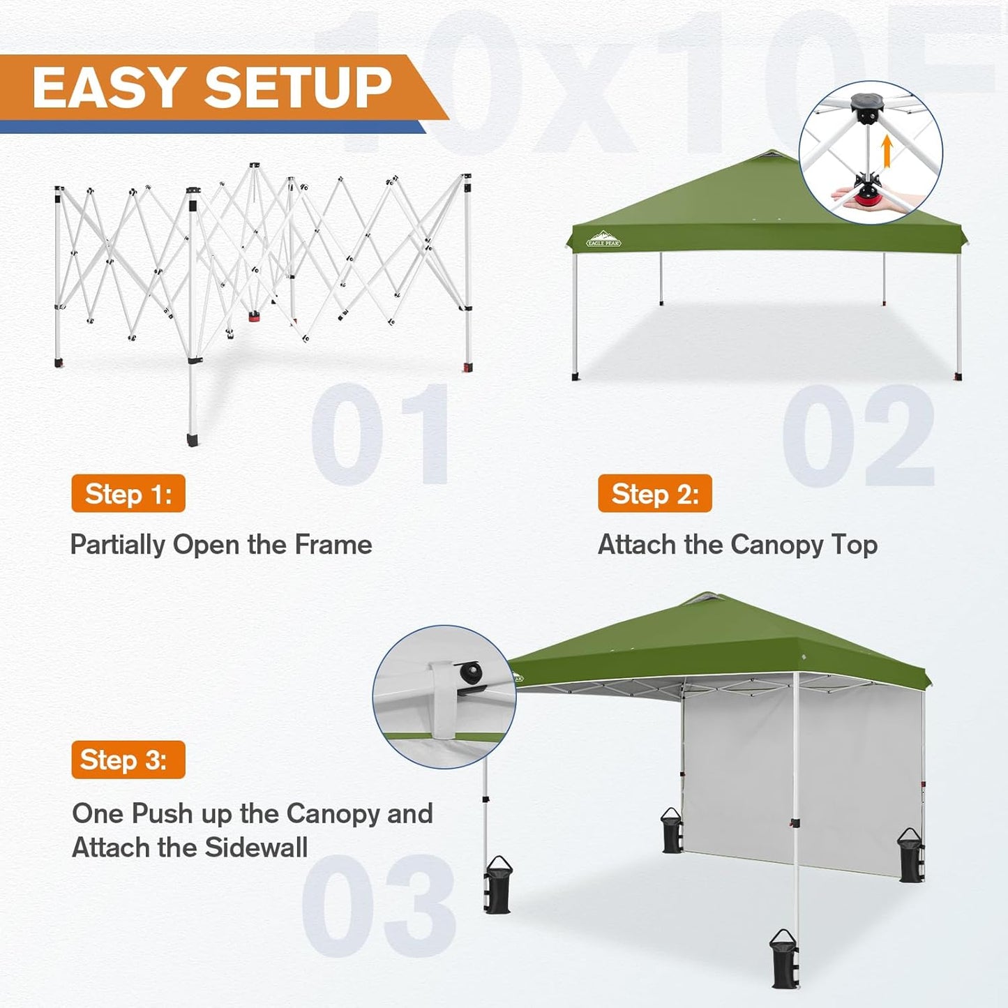 EAGLE PEAK Pop Up Canopy Tent with 1 Sidewall, Easy Setup Event Tent, Outdoor Sun Shade, Wheeled Carry Bag, Stakes and Guy Ropes, Instant Canopy 10x10, Grass Green