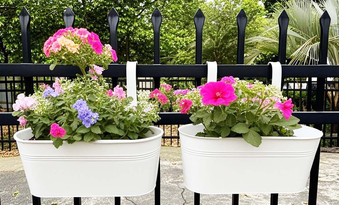 Hanging Planters for Outdoor Plants, 17" Railing Planter Pots, Metal Fence Flower Pot for Porch Balcony with Detachable Hook (White, Pack of 4)