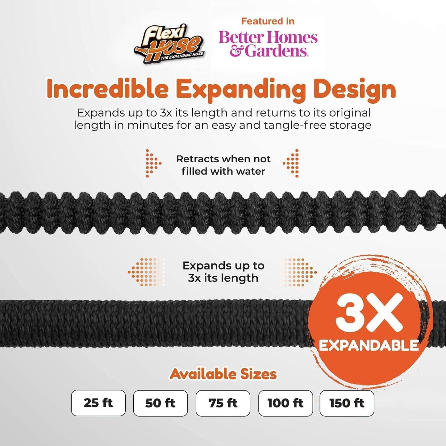 Flexi Hose with 8 Function Nozzle, 25FT - Lightweight Expandable Garden Hose, No-Kink Flexibility, 3/4 Inch Solid Brass Fittings and Double Latex Core