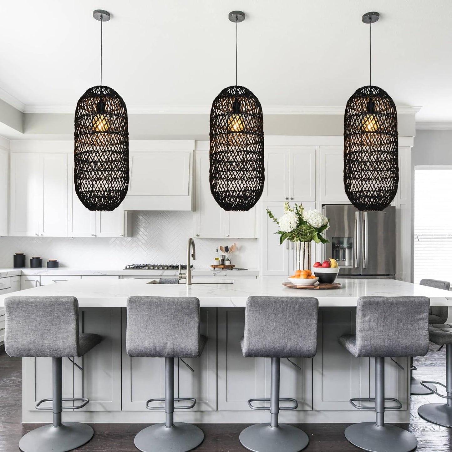 Arturesthome 1 Light Rustic Rattan Basket Pendant Light Fixture, Boho Wicker Chandelier Lamp Black, Coastal Handmade Crafts Lampshade, Farmhouse Hanging Ceiling Lighting for Dining Kitchen