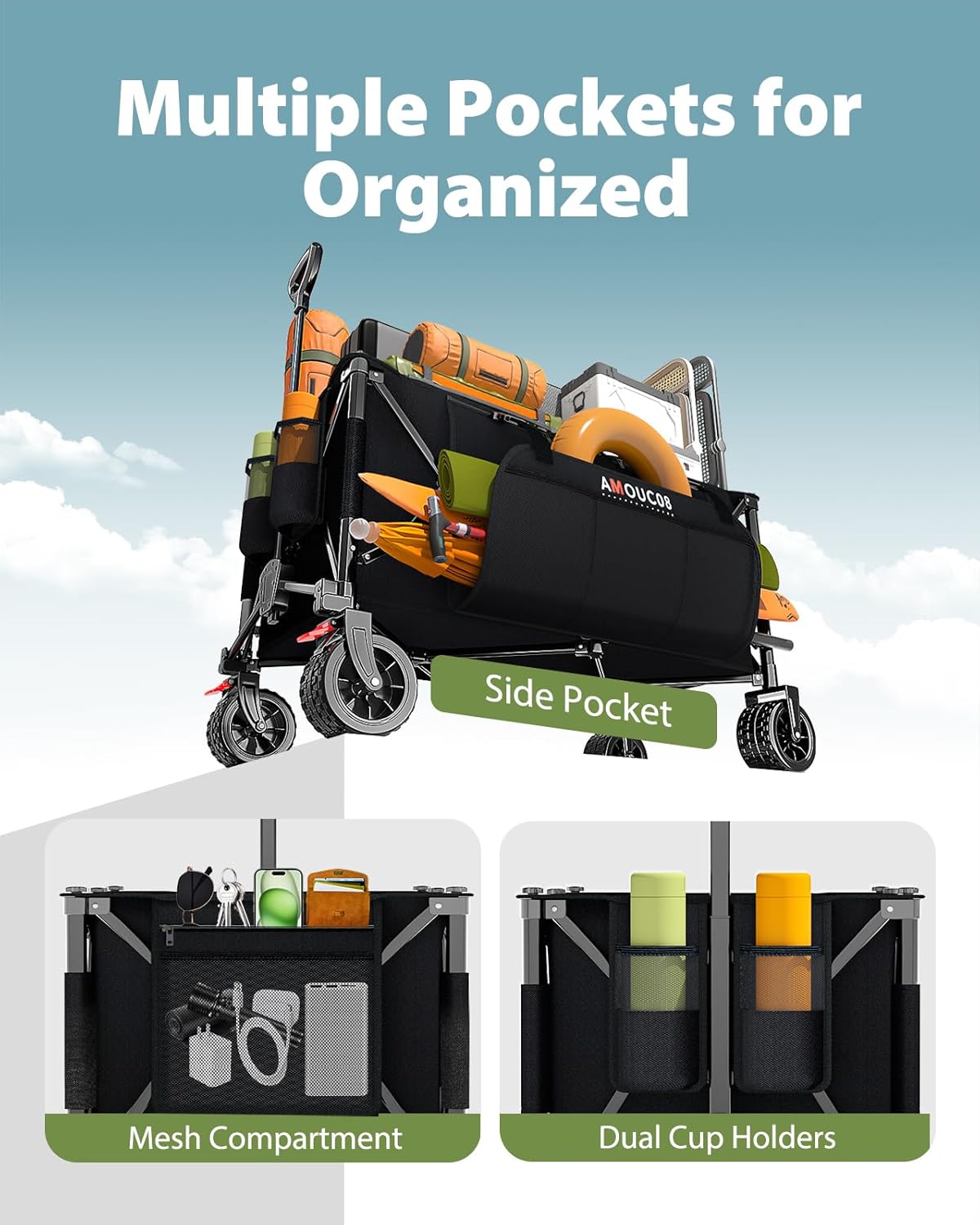 300L Large Wagons Carts Foldable, Heavy-Duty Collapsible Wagon Cart with All-Terrain Wheels, 440 lbs Capacity, Compact Folding Wagon for Camping, Beach, Sports, and Outdoor Hauling