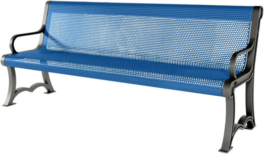 Heavy-Duty Outdoor Bench Thermoplastic Coated, Punched Steel, Commercial-Grade Garden Bench, Made in America (Portable with Back, 6 Ft, Textured Light Blue)