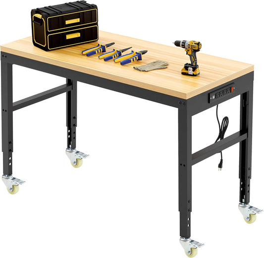 48” Adjustable Workbench，Heavy Duty Wood Work Bench 2000 Lbs Load Capacity,Work Table with Power Outlet and Wheels for Garage, Workshop, Office, Home