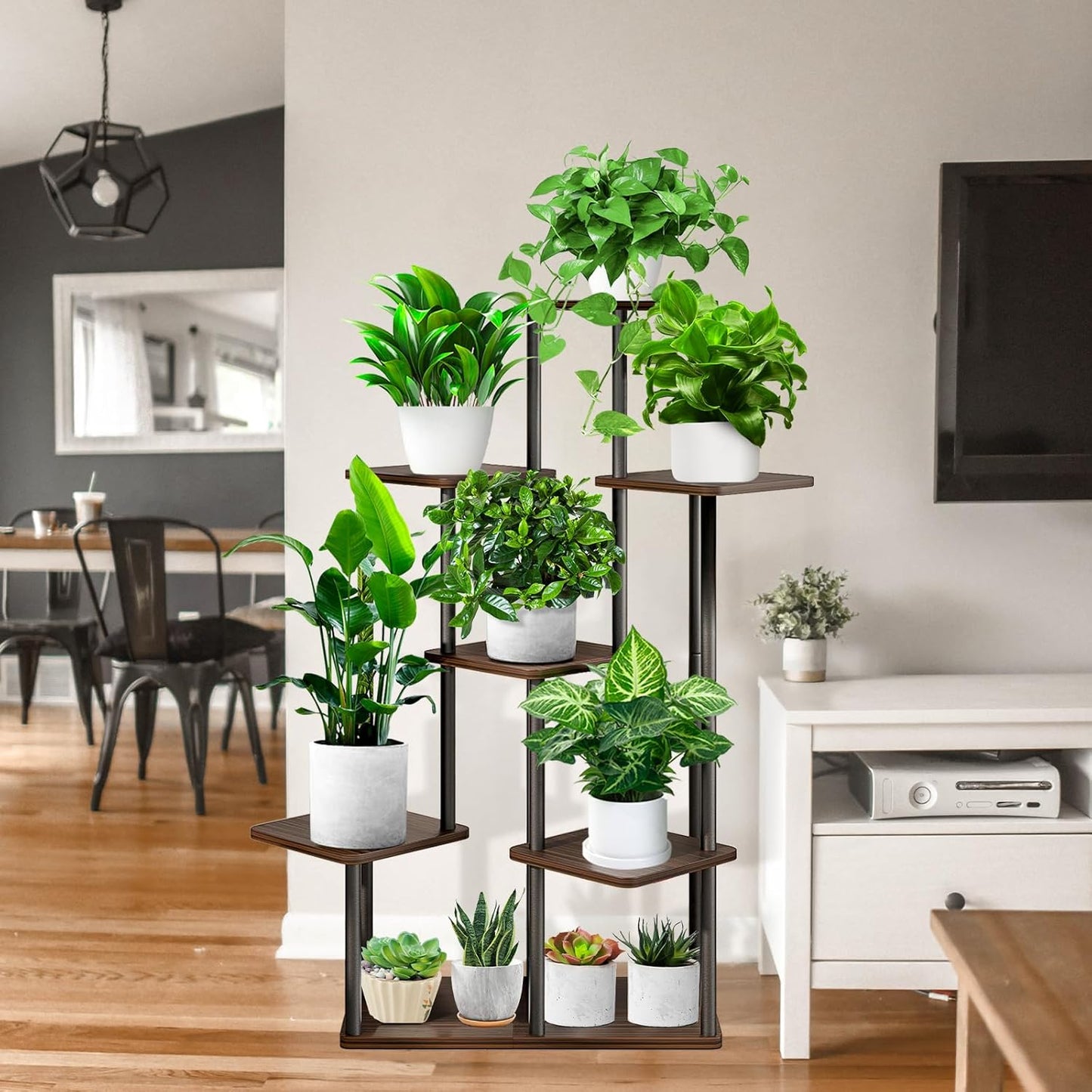 7 Tier Wood Tall Plant Stand Metal Rack Indoor, Multiple Flower Pot Holder Shelves Corner Rack, Planter Shelf Display Rack Storage Organizer for Patio Living Room Balcony Garden(Black Oak)