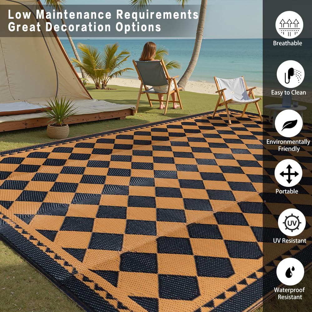 Outdoor Waterproof Rug 8'x10' Plastic Straw Rugs Washable Reversible Floor Mat Brown Plaid Carpet for Camping RV Deck Entryance Porch Picnic Balcony Beach Backyard