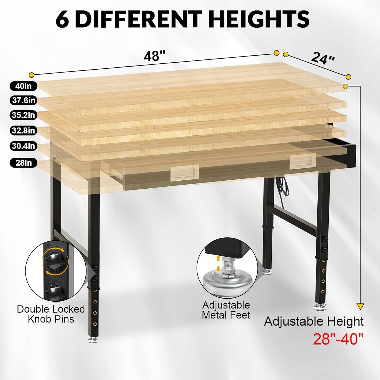 48" Workbench with Drawers, Adjustable Height Work Bench 2000 LBS Heavy-Duty Work Table Rubber Wood Work Station with Power Outlet & Pegboard for Garage, Office, Workshop, Home, Party Shop
