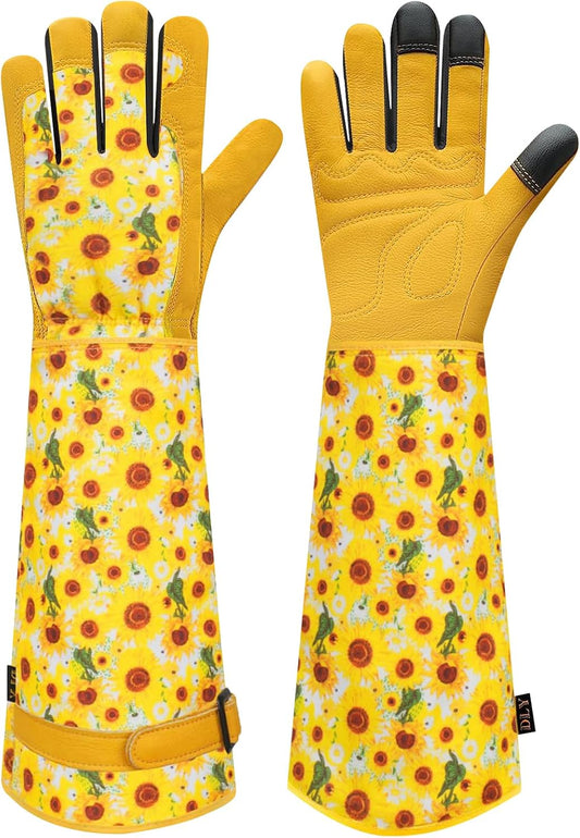 DLY Gardening Gloves for Women, Rose Gloves Gardening Thorn Proof, Long Garden Gloves for Women, Breathable Cowhide Leather Gauntlet (Small, Yellow