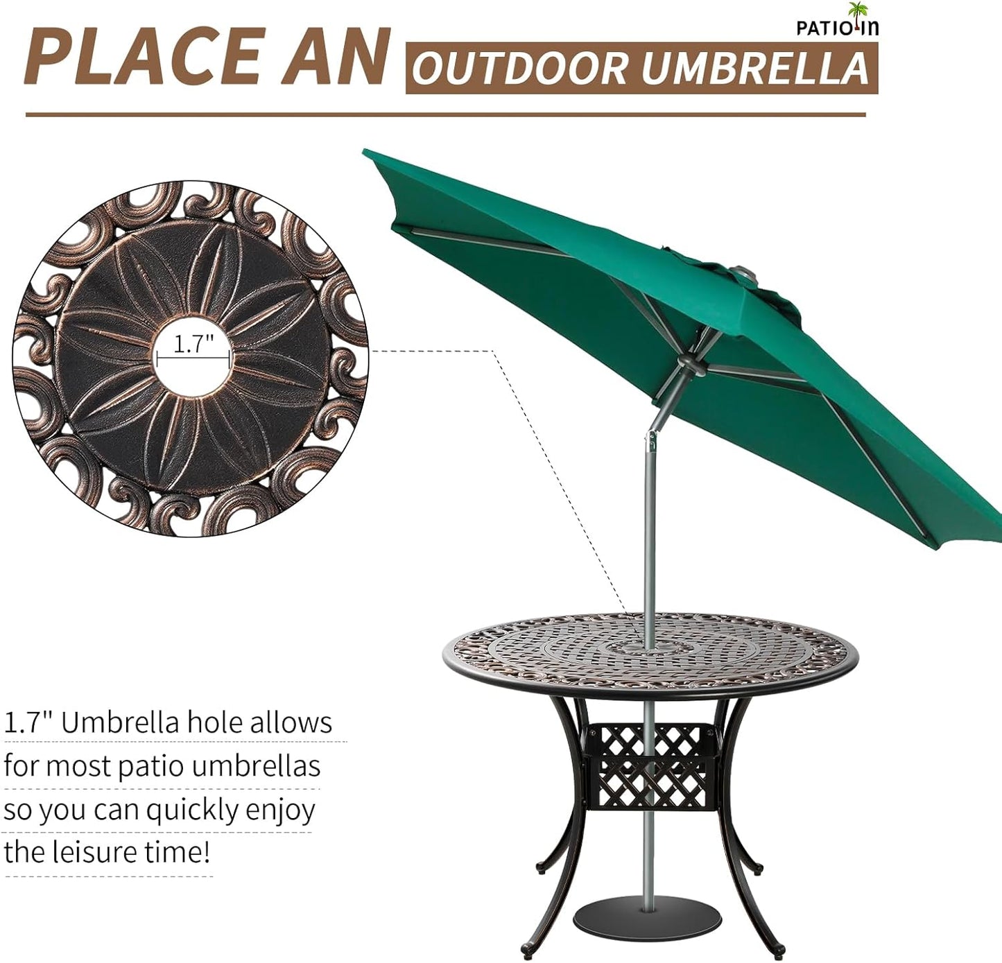42" Round Cast Aluminum Patio Table with 4-6 Person,Outdoor Patio Dining Table with 1.7" Umbrella Hole,Metal Patio Table for Garden,Porch,Yard,Bronze