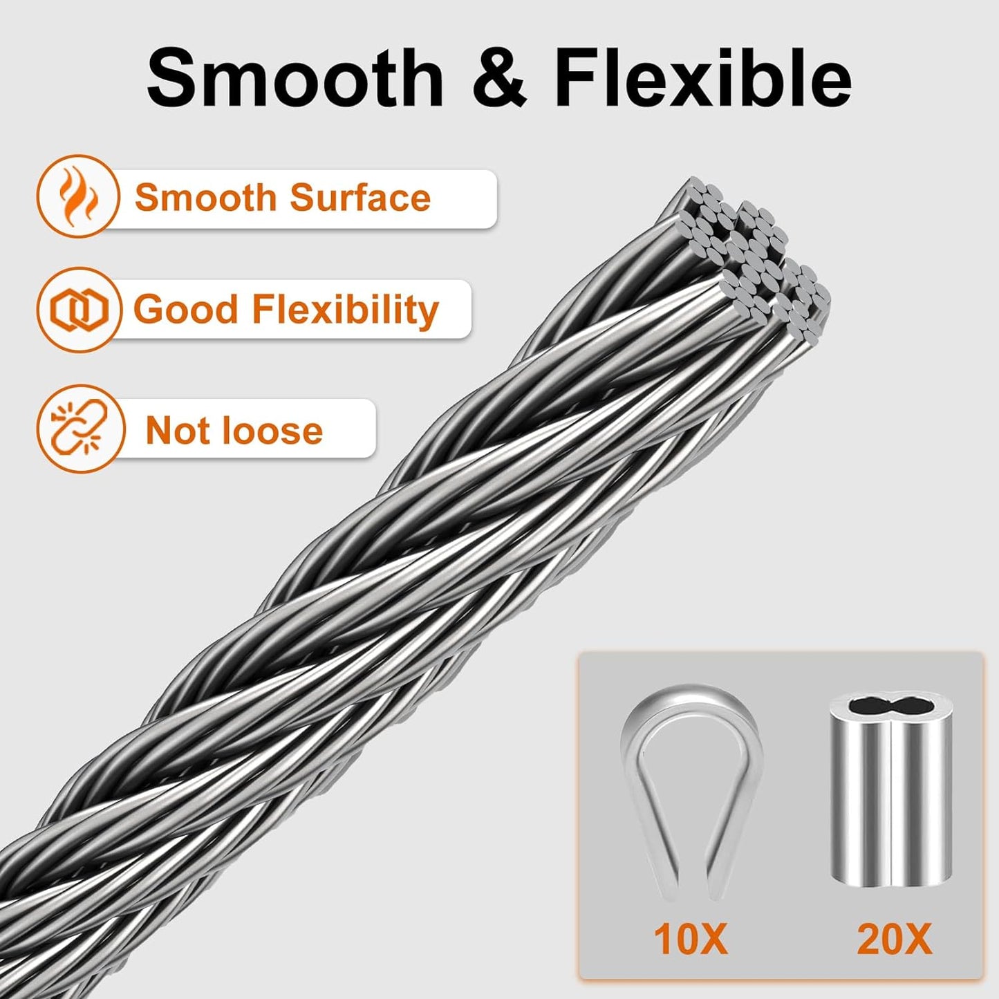 100FT 1/16" Wire Rope Kit, 7x7 Marine Stainless Steel Strand Core, T316 Strength for Hanging, Aircraft, Yard, Garden, Deck Railing, Trellis Wire with Crimping Sleeves, Thimbles