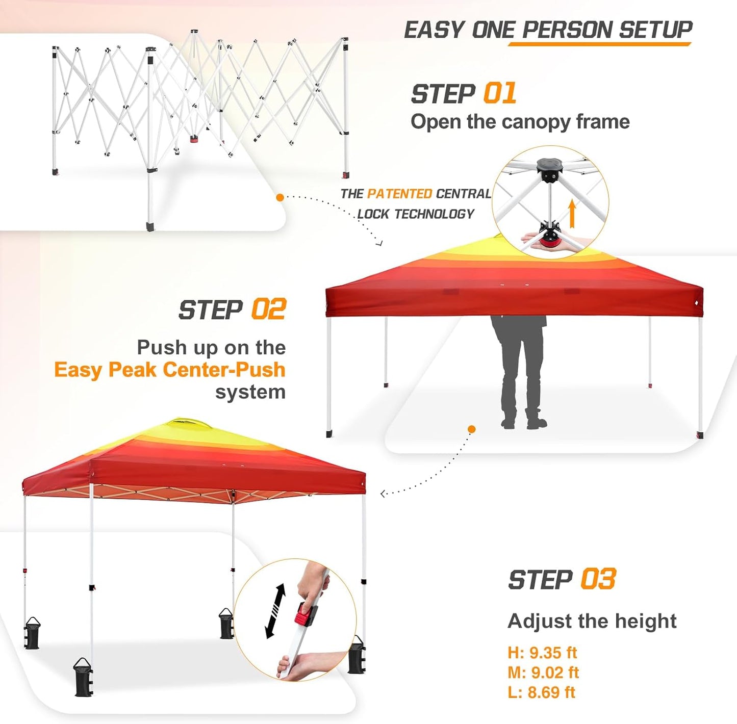 EAGLE PEAK Pop Up Canopy Tent with Wheeled Carry Bag, 8 Stakes, 4 Ropes, 4 Weight Bags, Easy Set Up Tent Canopy, 10x10 ft, 100sqft of Shade, Sunset Stripe