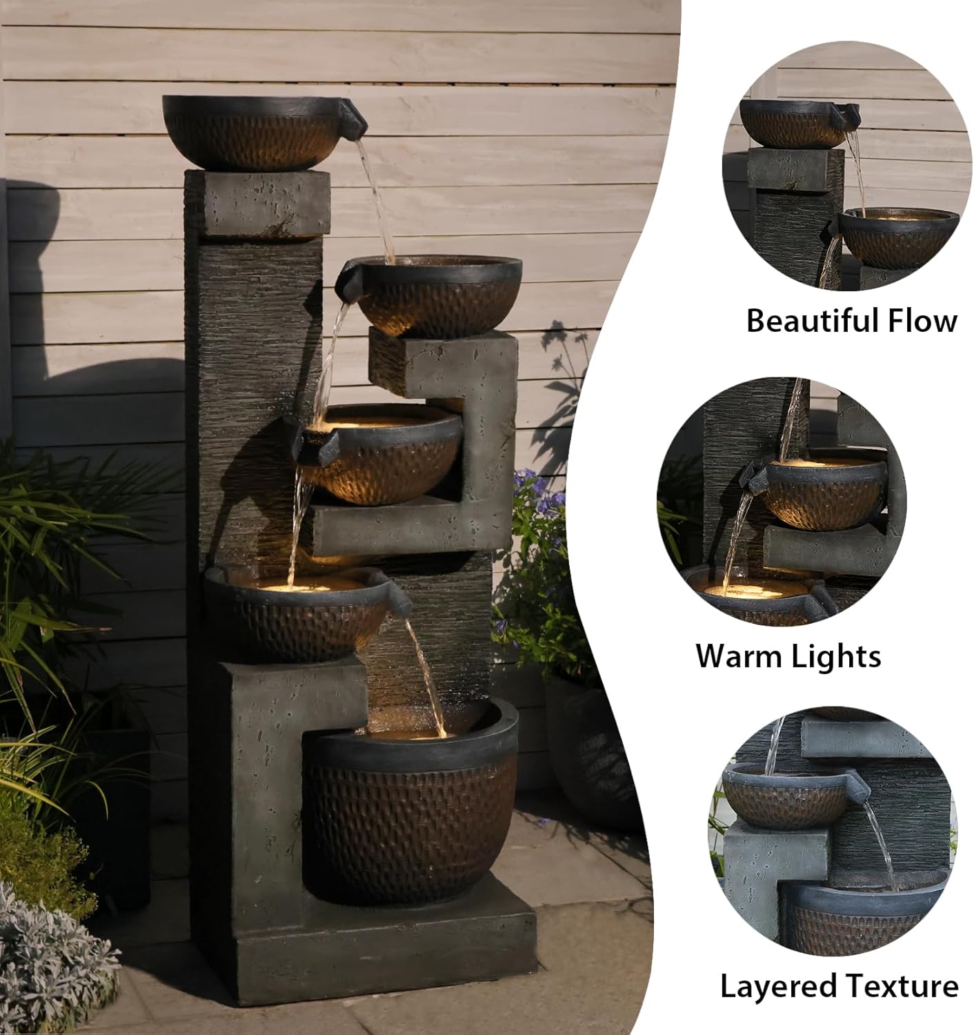 50" H Large Garden Fountains Outdoor, 5-Tier Cascading Rustic Style Bowl Water Fountain and Waterfall Feature with Light and Pump for Garden, Patio, Deck, Porch, Home Décor, Gray&Brown