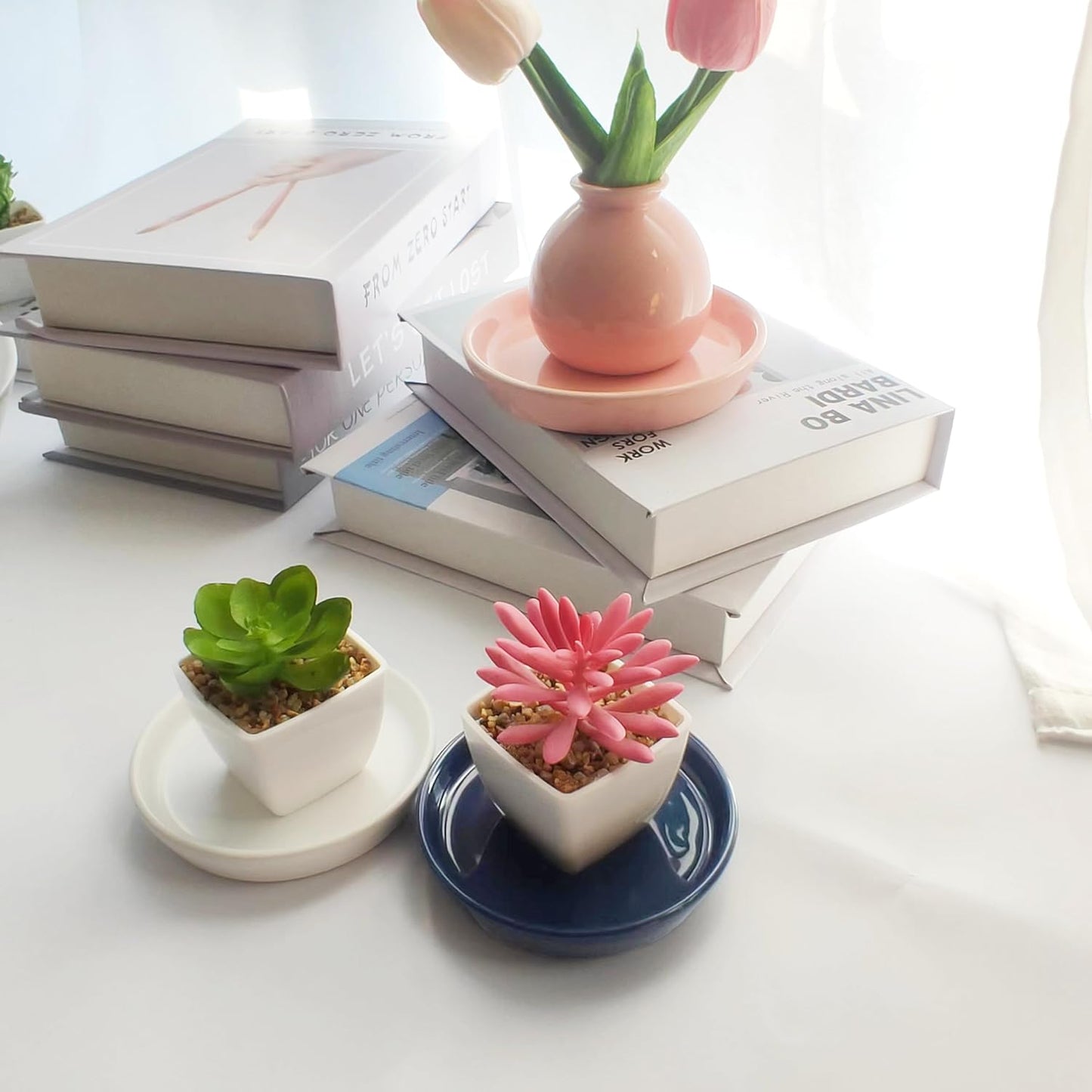 2 Pack Ceramic Plant Saucer 4 Inch, Heavy Duty Plant Pot Tray for Indoor & Outdoor, Glazed Ceramic Plant Drip Trays