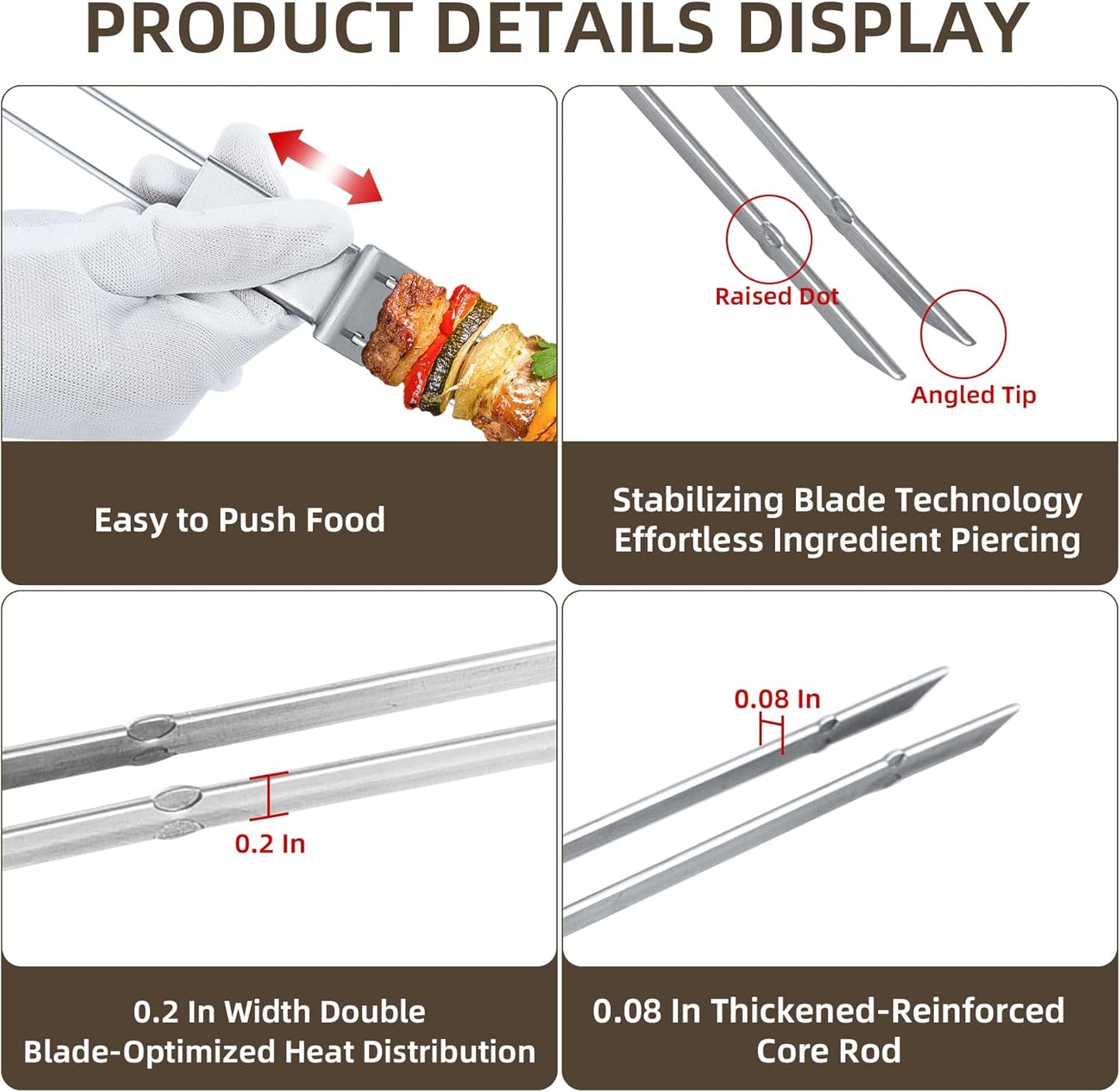 13inch 12(packs) Double Fork Flat Stainless Steel BBQ Skewers with Push Bar, Reusable Skewers for Grilling Kabob Skewer for Meat, Vegetable, BBQ Accessories