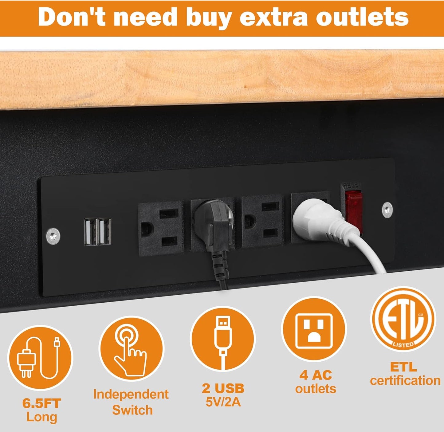 Adjustable Height Workbench, 48" Rubber Wood Top Heavy Duty Workstation with Power Outlets, 2000 LBS Load Capacity Hardwood Worktable for Workshop, Garage, Office, Home, Commercial