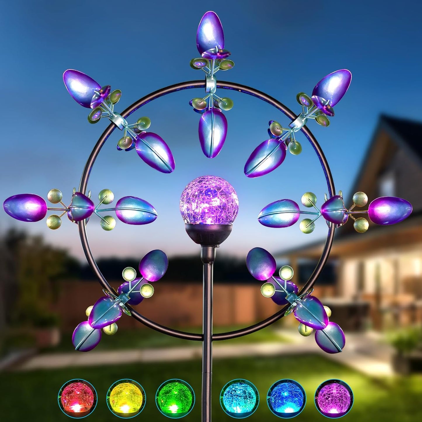 Large Solar Wind Spinners for Yard Art Garden-67 Inch 360° Metal Wind Sculptures Outdoor Clearance Kinetic Windmills with Multi Color Led Glass Ball