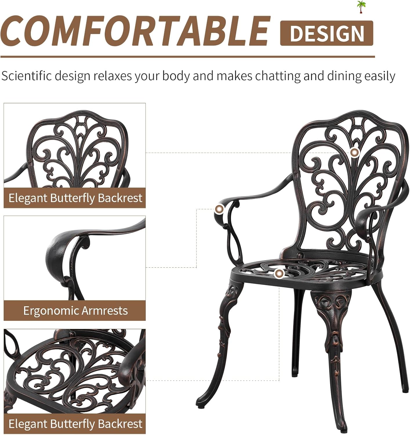 3 Piece Cast Aluminum Bistro Set, Bronze Bistro Table and Chairs Set of 2, 3 Piece Patio Furniture Set with 1.97" Umbrella Hole for Backyard, Balcony, Deck
