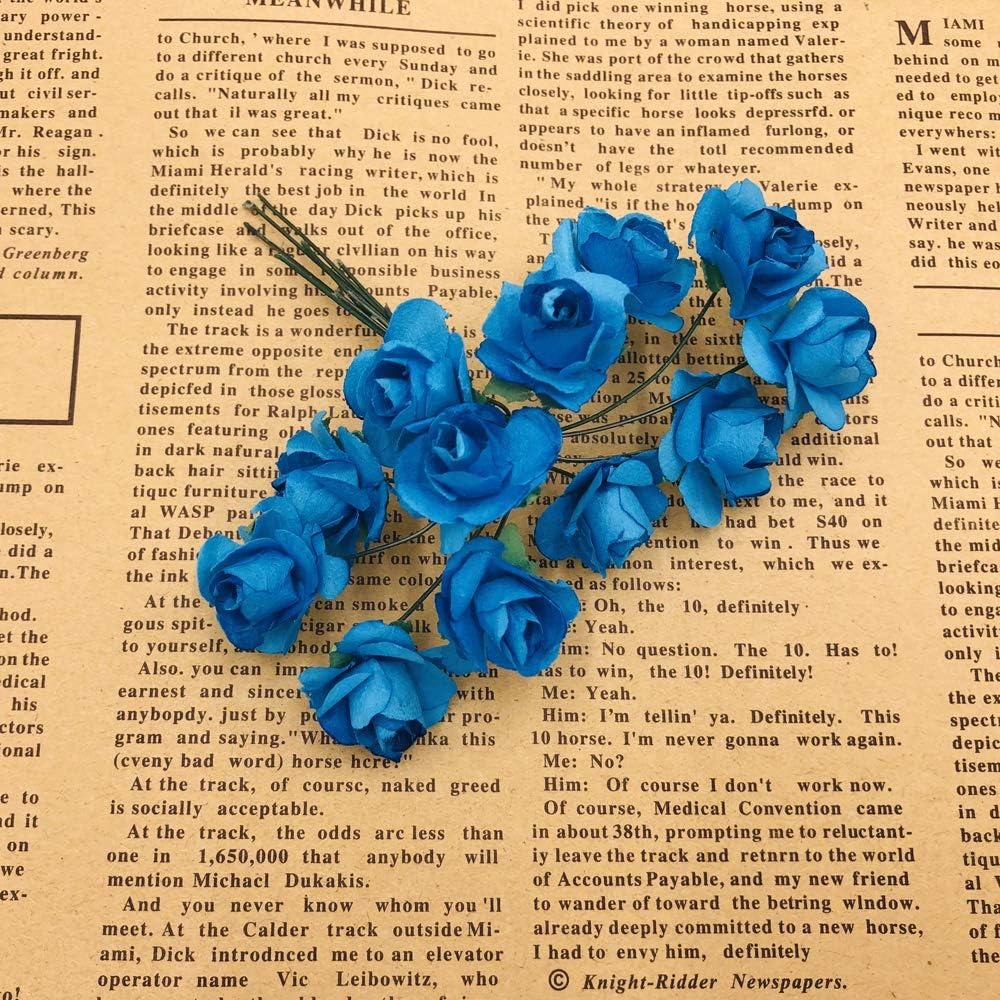 Mini Fake Rose Flower Heads 144pcs Mini Artificial Mulberry Paper Roses Flower with Wire Stem DIY Wedding Flowers Accessories Make Bridal Hair Clips Headbands Dress (Turquoise Blue)