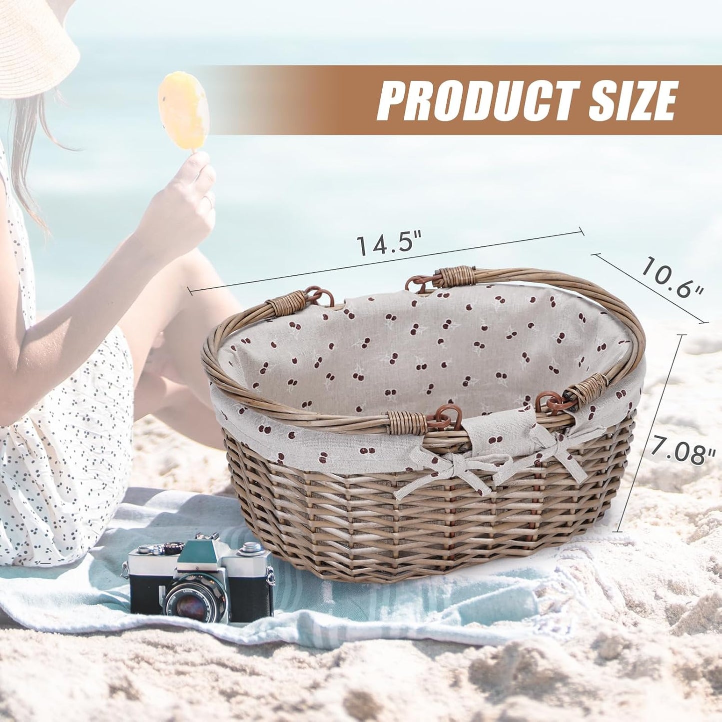 G GOOD GAIN Oval Picnic Basket with Folding Handles, Willow Hand Woven Shopping Basket, Bath Toy Kids Toy Storage Gift Packing Basket, Wicker Empty Easter Eggs and Candy Small Gift Basket. Beige