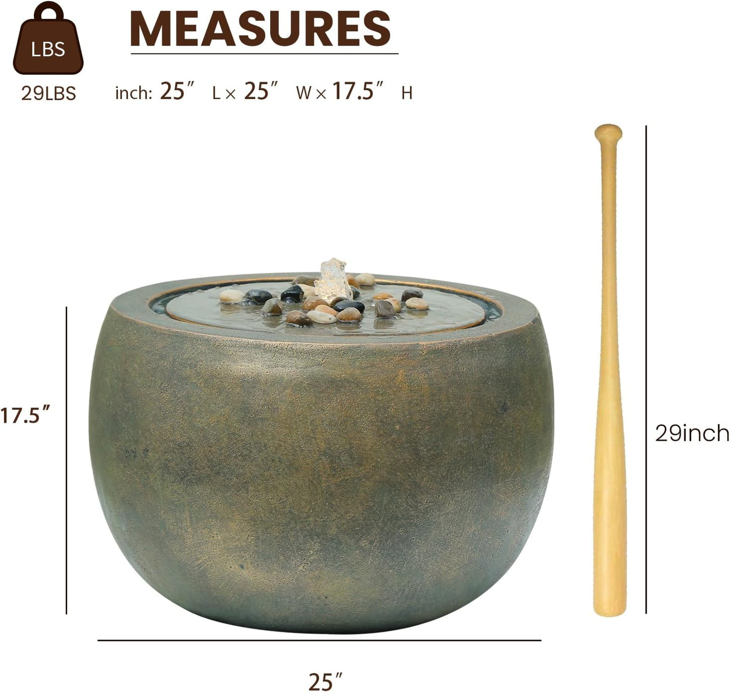 Garden Water Fountain Outdoor Large Round Bubbler Water Feature Indoor with Lights & Pump and Pebbles Concrete Effect for Patio Pool Pond Yard Home Decor Gold, 25 "L X 25" W X 17.5" H