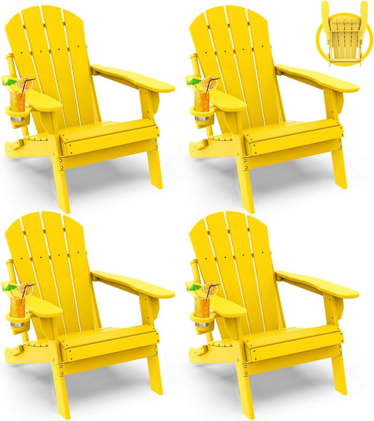 GREENVINES Folding-Adirondack-Chairs-Set-of-4 | HDPE Plastic | Fire Pit Chair | All Weather | Cup Holder | Yellow | for Deck Backyard Patio Outdoor Garden