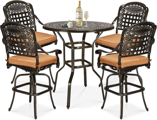 5 Pieces Patio Swivel Bar Set, Patio Bar Table and Chairs Set, All-Weather Cast Aluminum Outdoor Swivel Bar Stools of 4 and 38.5" Bar Table, High Top Bistro Set for Deck, Pool, Garden