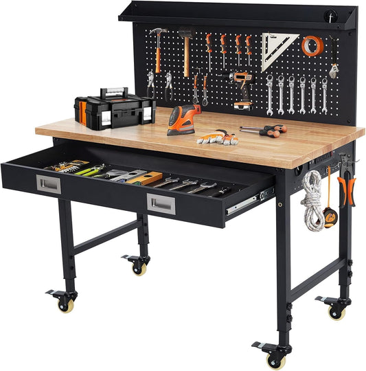48'' Adjustable Workbench on Wheels, 2000LBS Heavy Duty Worktable with Power Outlets & Drawers & Pegboard, Rubberwood Workstation for Workshop, Garage, Office, Home