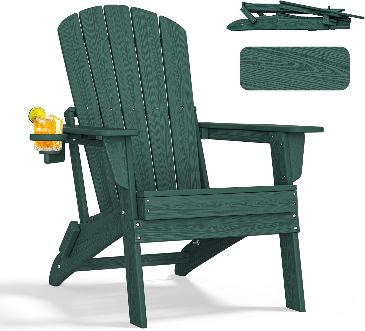 Folding Adirondack Chair - Extended Ergonomic Backrest, Cup Holder - Easy Assembly - Durable HDPE Plastic, Weather Resistant & Maintenance-Free - Lawn, Patio, Deck Supports 400lbs Green