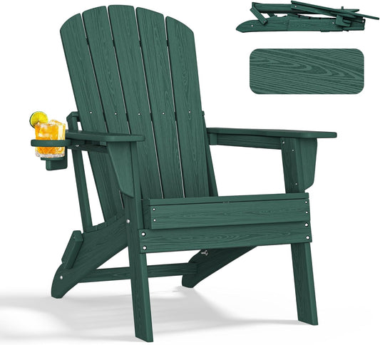 Folding Adirondack Chair - Extended Ergonomic Backrest, Cup Holder - Easy Assembly - Durable HDPE Plastic, Weather Resistant & Maintenance-Free - Lawn, Patio, Deck Supports 400lbs Green