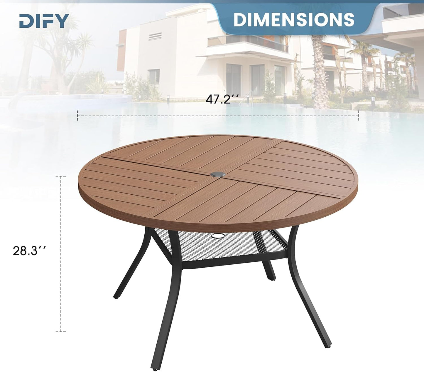 DIFY 47.2" Round Outdoor Patio Dining Table for 6, All-Weather Metal Steel Slatted Patio Table with 1.57" Adjustable Umbrella Hole, for Lawn Garden Porch Backyard, Walnut