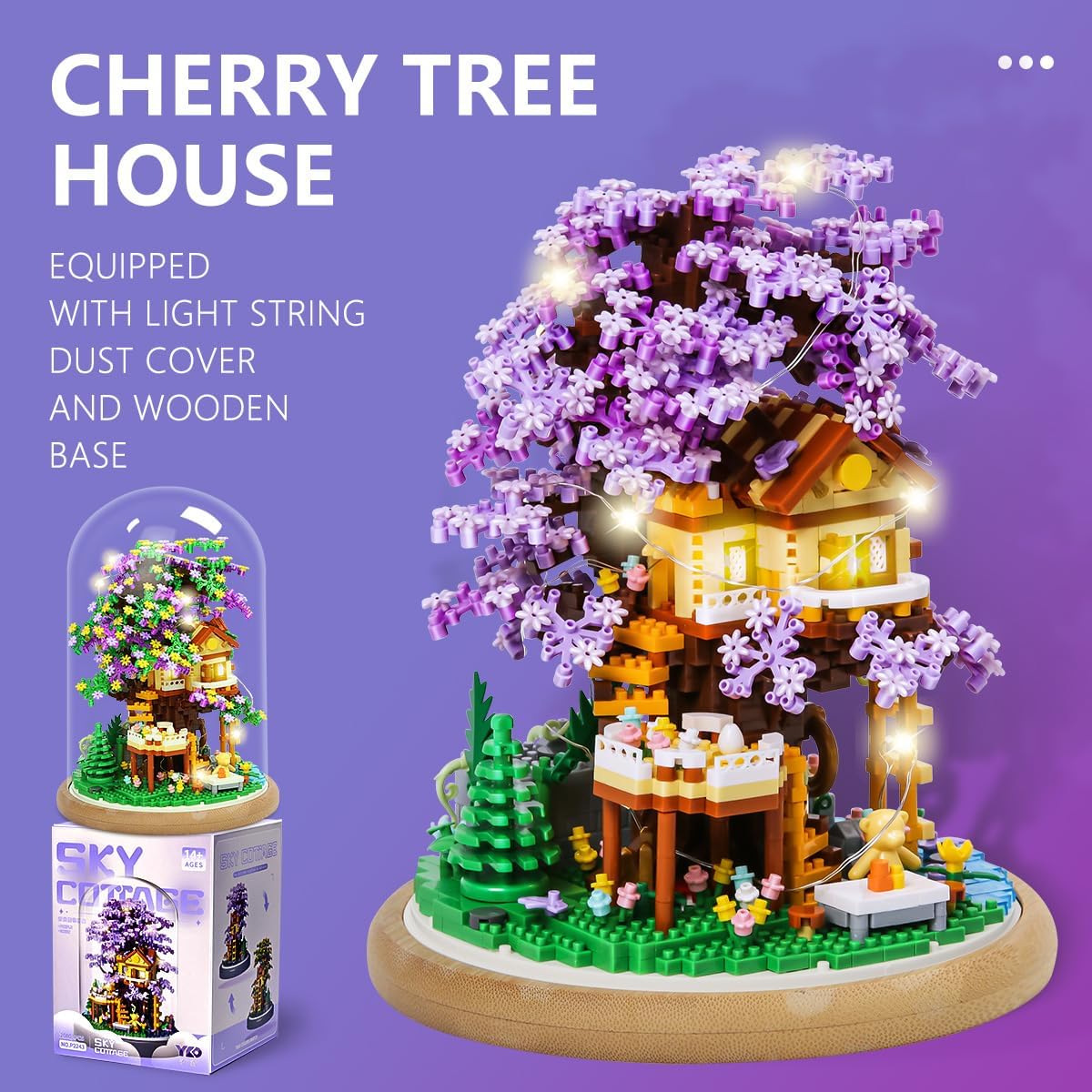 DIY Flower Building Toy Sets Miniature Cherry Blossom Tree House Building Kit, Purple & Yellow Sakura Flowers, Building Blocks Set for Adults & Girls - Bonsai Tree Model with Dust Cover