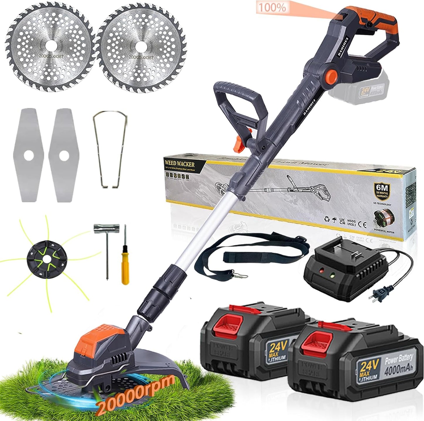 Electric Weed Wacker Cordless,24V Weed Cordless Eater Battery Powered,Weed Cutter with 2Pcs 4.0Ah Batteries,1300W Motor,2 Types Blades,Grass/String Trimmer Lawn for Yard and Garden