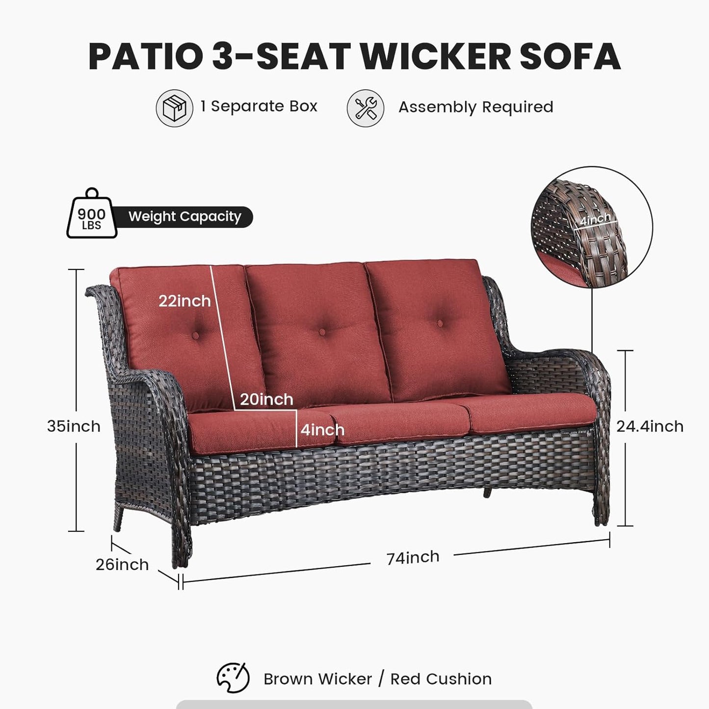 75Inch Outdoor Wicker Sofa - Standard 3 Seater with High Backrest, All Weather Rattan Patio Furniture for Balcony, Deck, Backyard, Brown Wicker/Red Cushion