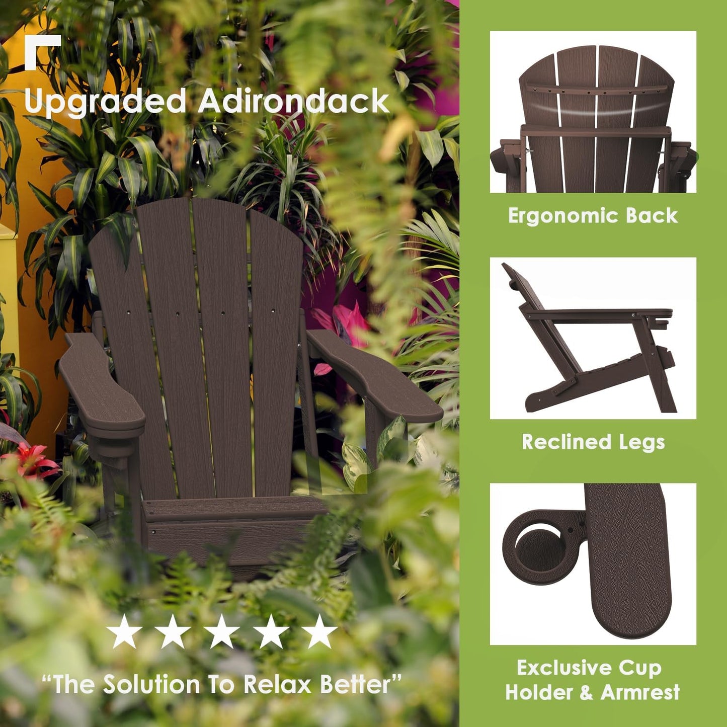 GREENVINES Folding-Adirondack-Chairs-Set-of-6 | Wood Grain | HDPE Plastic | Fire Pit Chair | All Weather | Cup Holder | Dark Brown | for Deck Backyard Patio Outdoor