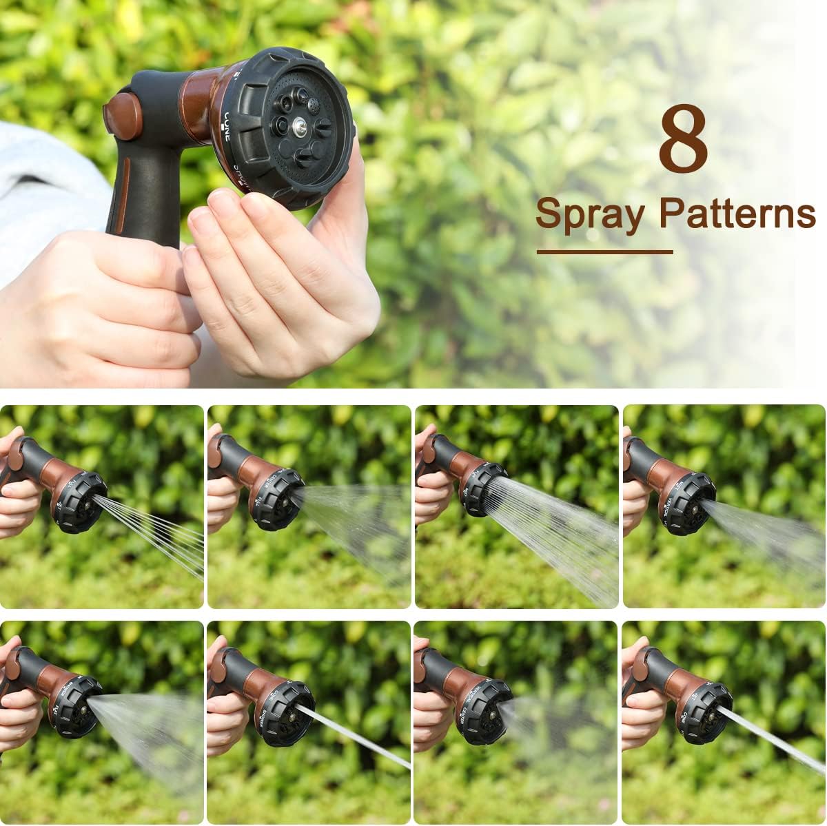FANHAO Garden Hose Nozzle, 100% Heavy Duty Metal Water Hose Sprayer with 8 Spray Patterns, High Pressure Water Nozzle with Thumb Control, On Off Valve for Watering Plants, Washing Cars & Pets, Brown