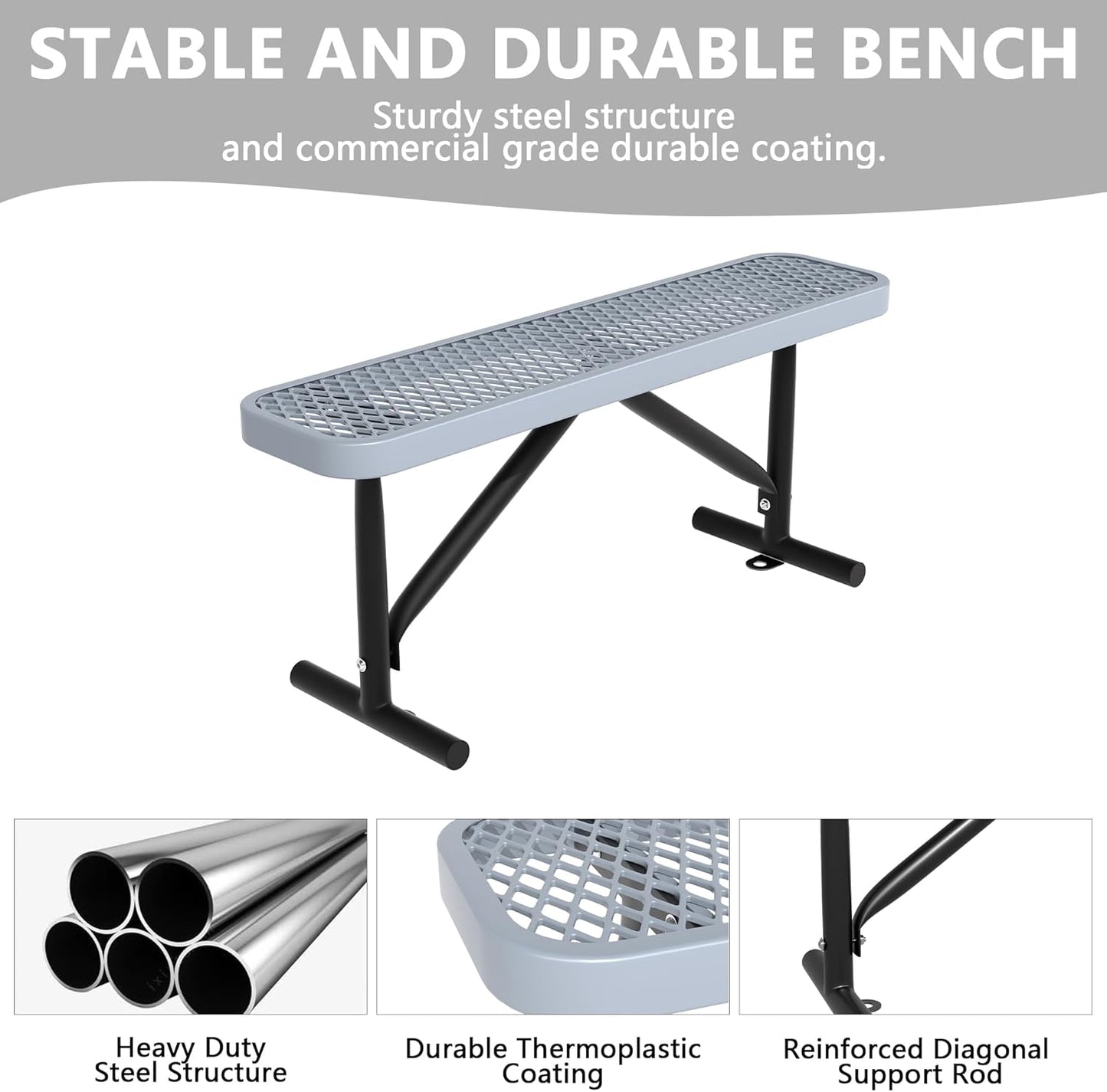 4 Feet Heavy Duty Metal Park Bench for Outside, Outdoor Bench with Portable Frame, Commercial Benches for Shopping Mall, Store, Park, Patio, Deck, Grey