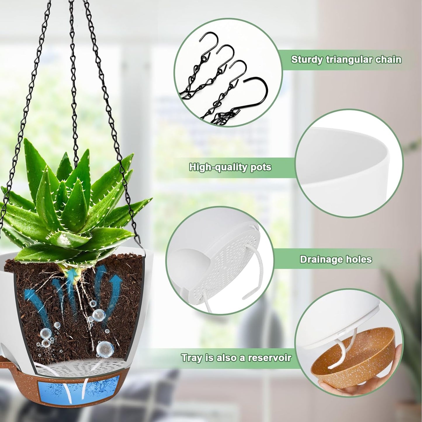 3 Pack Hanging Planter Indoor Outdoor Flower Pots 7/6.5/5 Inch, Self-Watering Hanging Pot with Drainage Holes Hanging Baskets Holder Plant Pots for Garden (White)