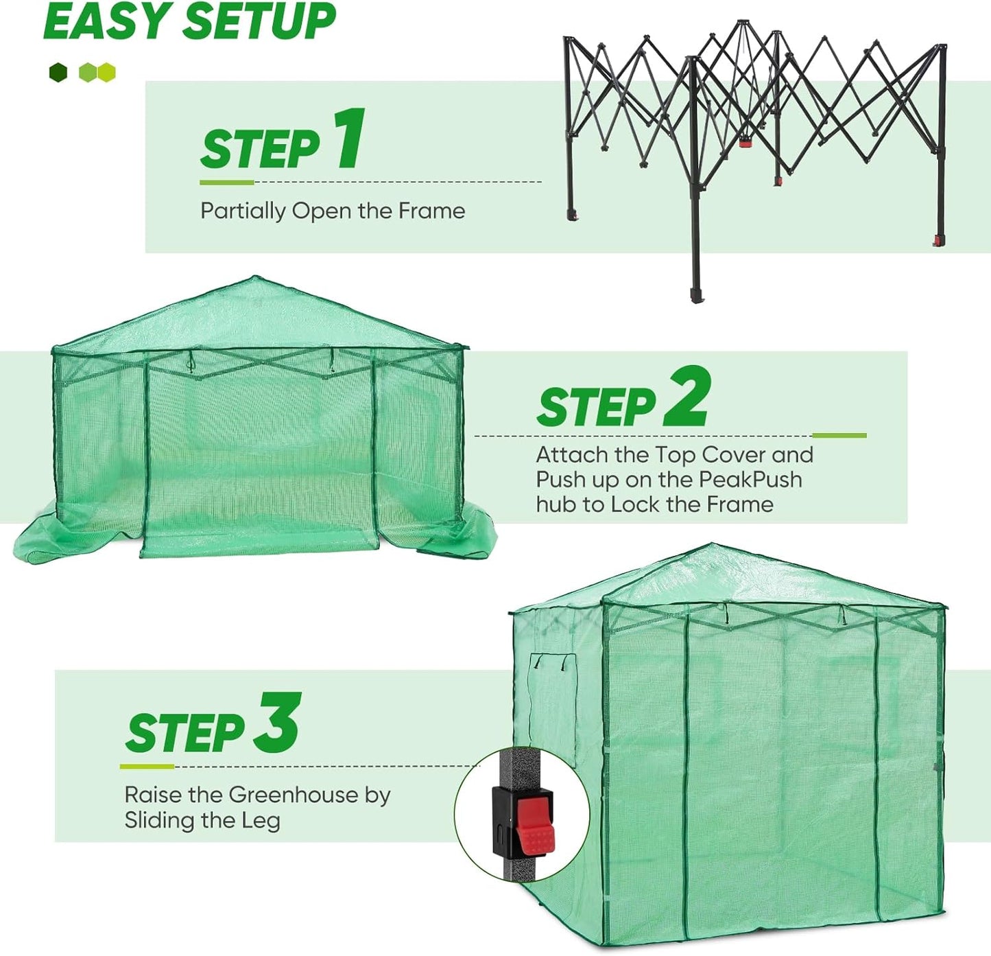 EAGLE PEAK 7x7 Pop up Greenhouse Portable Walk-in Outdoor Gardening Green House with 2 Foldable Shelves, Roll-up Zipper Entry Door and 3 Mesh Windows, PE Cover, Green/Clear