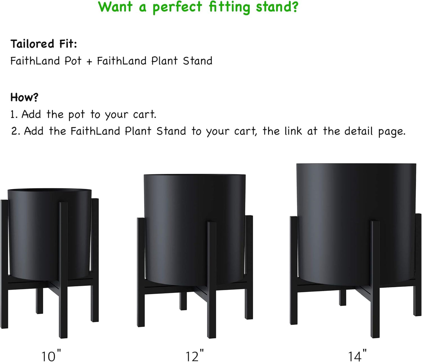 FaithLand Plant Pot 12 inch - Perfectly Fits Mid-Century Modern Plant Stand - Drainage Plug and Drainage Mesh Screen - Matte Black