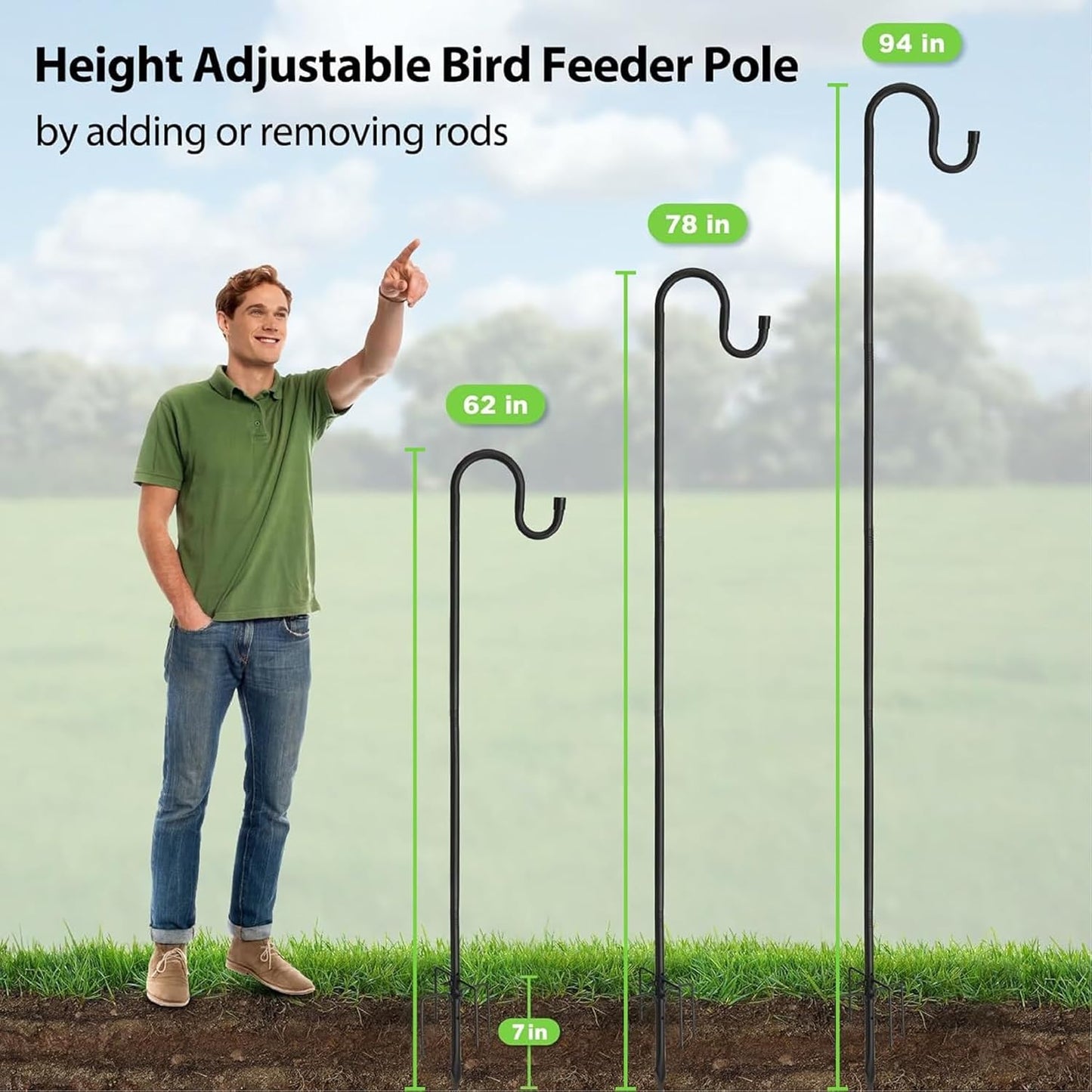 Bird Feeder Pole, 62" Shepherds Hooks for Outdoor, Hummingbird Feeders Stand Heavy Duty with Stable 5-Prong Base, Hanging Plant Shepherd Hook Hanger Stick for Outside Garden Yard Wedding