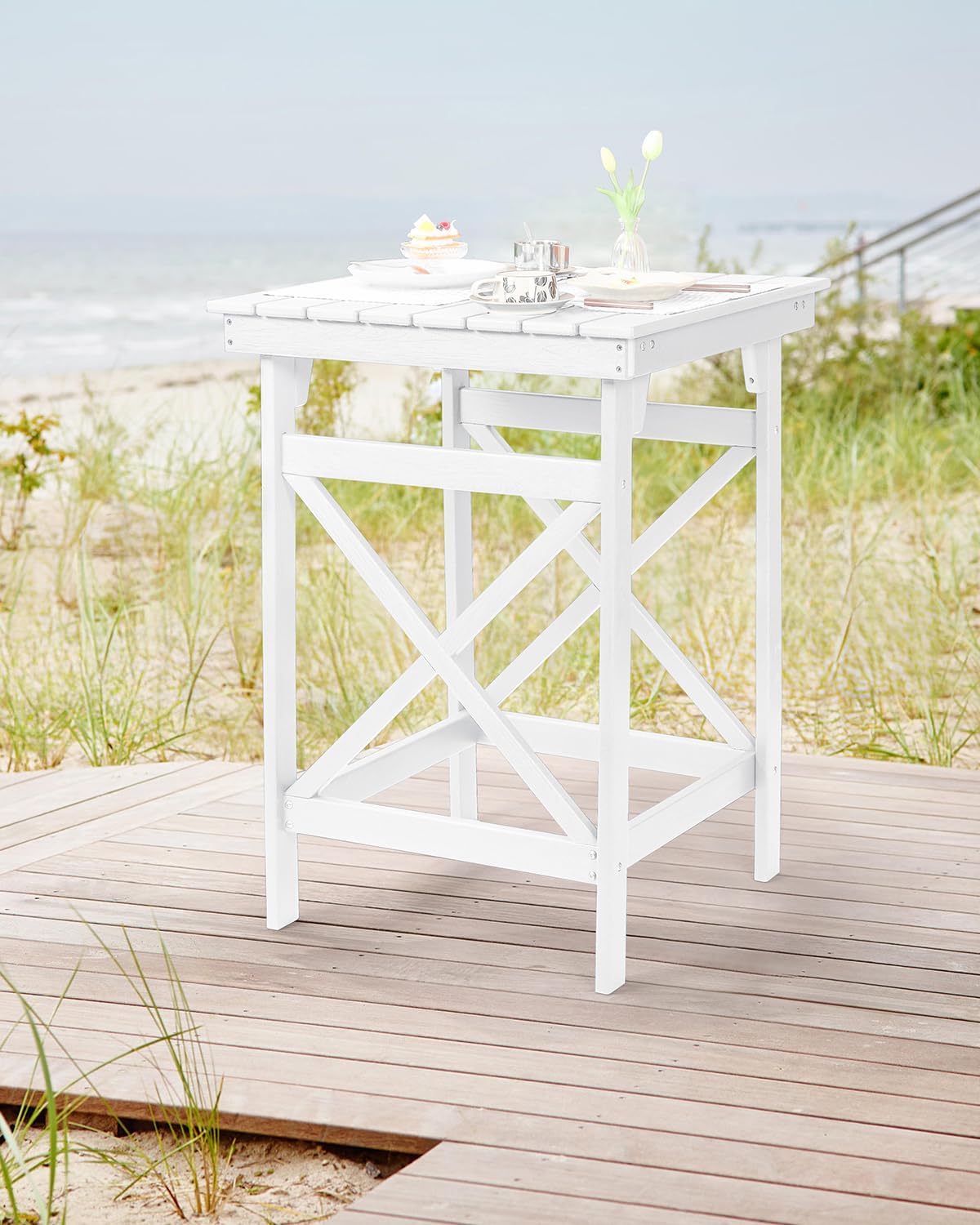 HDPE Outdoor Bar Table, 41" Adirondack Outdoor Bar Height Table, Weather Resistant HDPE Patio High Top Pub Table, Square HDPE Patio Bar Tables for Garden, Porch, Poolside, Balcony, Pearl