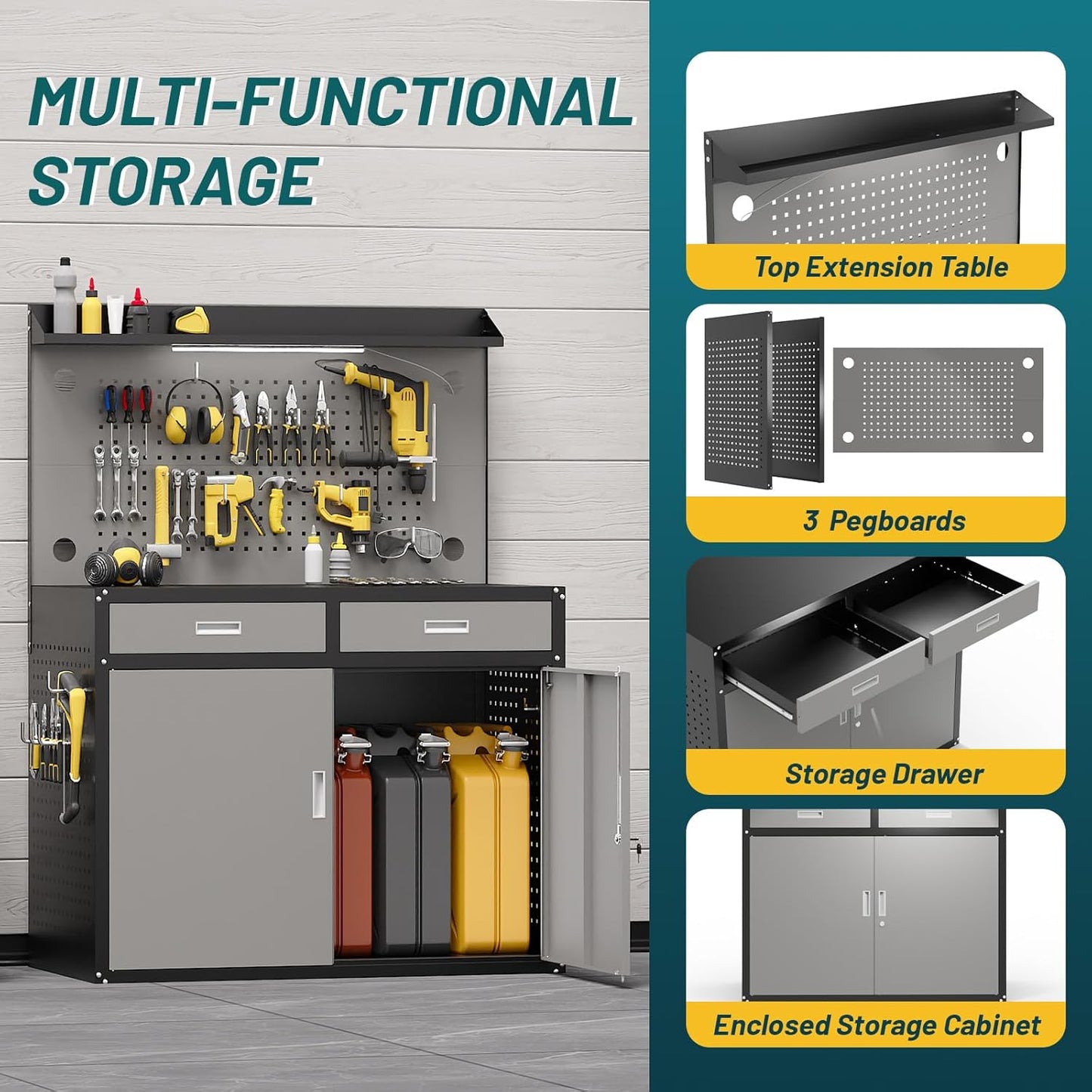 65" Heavy Duty Workbench with Drawers and Lockable Storage Cabinet- 2000 LBS Capacity Work Bench with Pegboard Organiser,Work Table with Adjustable LED Light for Garage,Workshop and Repair Shop