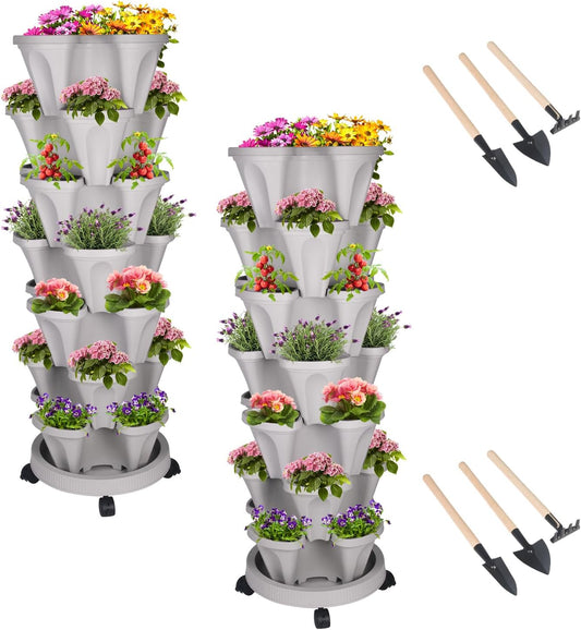 DUNCHATY Stackable Vertical Garden Planter, 7 Tier Herb Planter Pots, Indoor/Outdoor, Gray