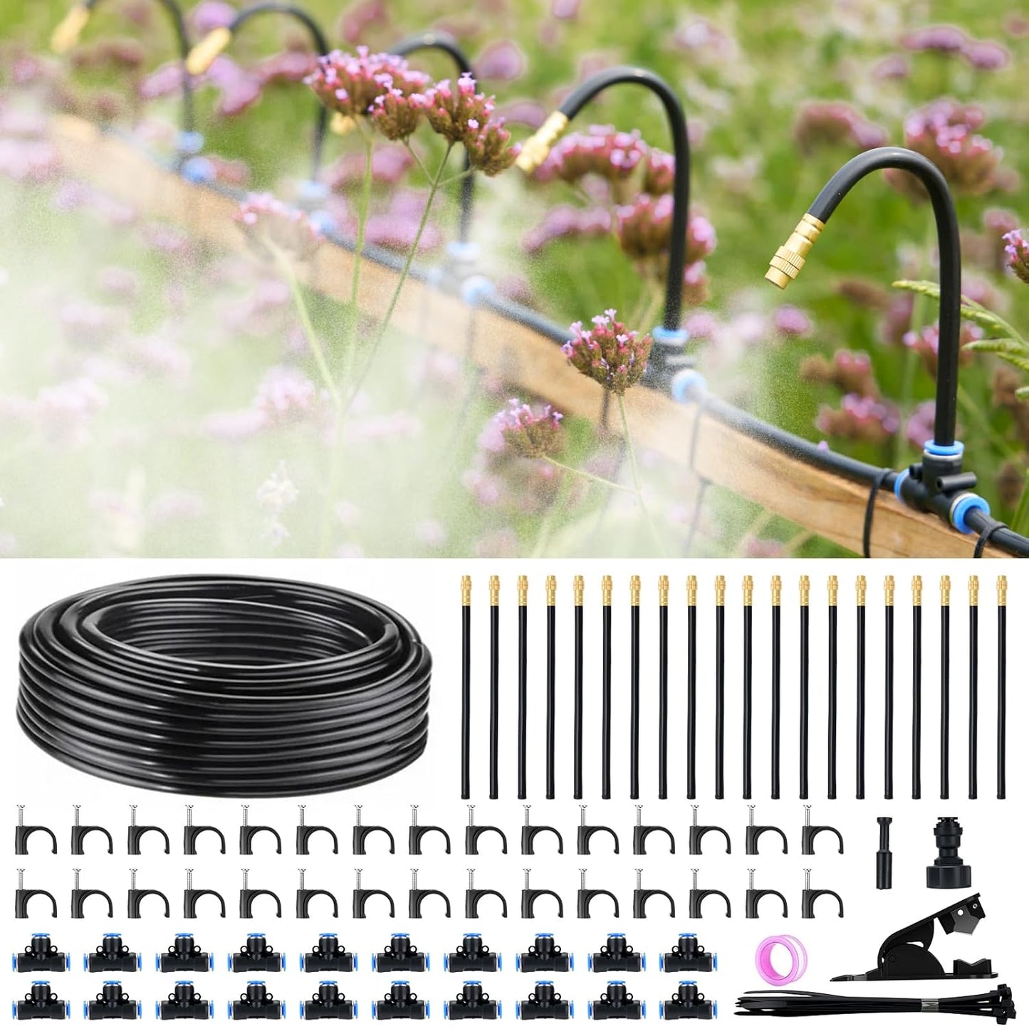 360° Automatic Drip Irrigation Kit - 5/16'' Tubing, Adjustable Universal Spray Nozzle, Copper Atomizing System for Garden/Lawn/Greenhouse - Multi-Directional Rotation, Quick Connectors, 65FT